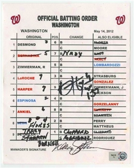 Bryce Harper 1st Career Home Run  Lot of (2) Official (MLB Authenticated) Lineup Cards 5/14/12 (Nationals Signed by Bryce Harper)  (PSA/DNA and MLB Authenticated)
